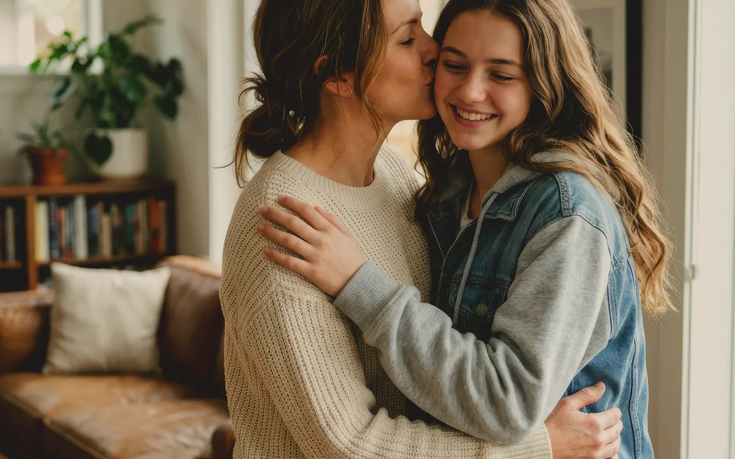 Madre e hija abrazándose y sonriendo en casa
