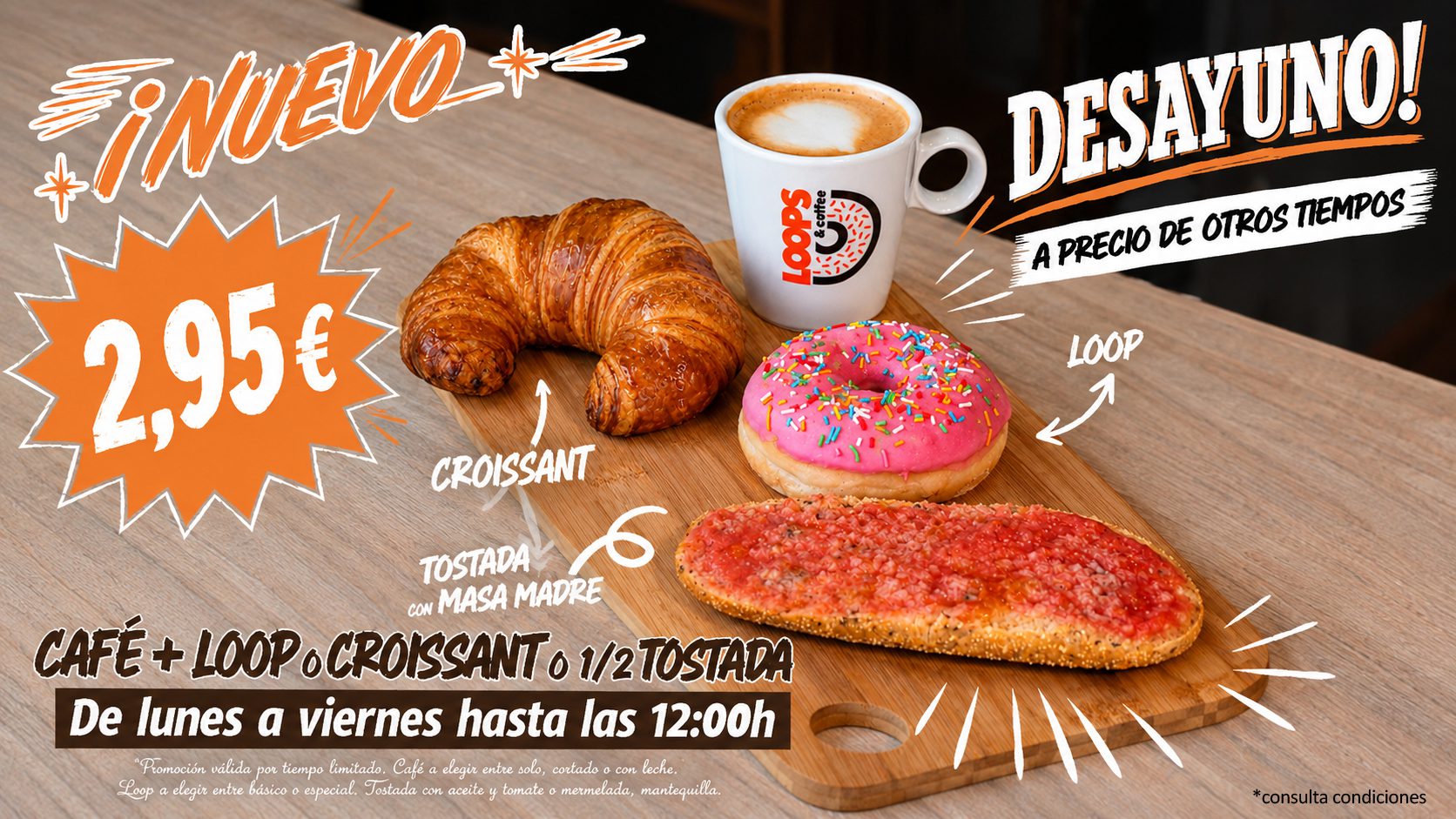 Desayuno en Loops & Coffee Alcalá Magna: café con Loop, croissant o media tostada de masa madre por 2,95 €